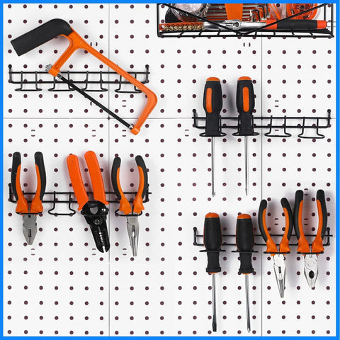 4 Piece Pegboard Tool Hooks Set With Stainless Steel Ring Hangers For Pliers And Small Tools on a pegboard holding tools