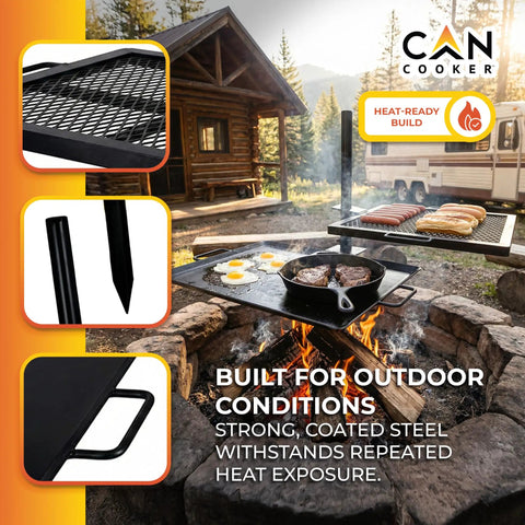 Open Flame Campfire Grill And Skillet Combo for outdoor cooking over fire pit in a campsite with cabin backdrop and accessories