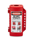 Front view of Go To Universal Lockout Device For Forklift, Gas Cylinder, And Electrical Plugs Recycled Plastic OSHA 1910.147 Compliant, 4.25 x 7.25 x 3 Inch, Red, USA Made.