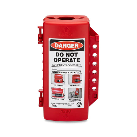 Front view of Go To Universal Lockout Device For Forklift, Gas Cylinder, And Electrical Plugs Recycled Plastic OSHA 1910.147 Compliant, 4.25 x 7.25 x 3 Inch, Red, USA Made.