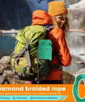 Woman hiking with Three Eighths Inch Diamond Braided Polypropylene Rope Fifty Feet With Five Hundred Pound Load Capacity on backpack