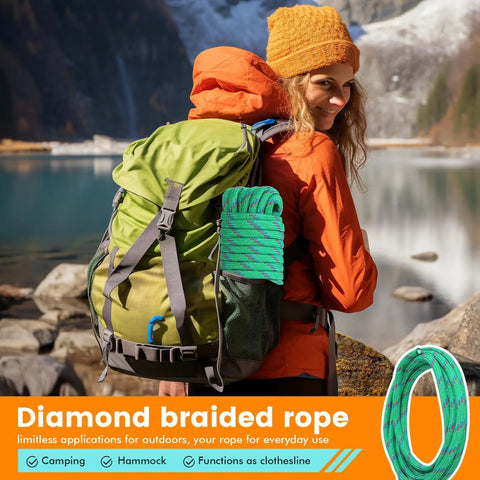 Woman hiking with Three Eighths Inch Diamond Braided Polypropylene Rope Fifty Feet With Five Hundred Pound Load Capacity on backpack