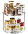 Two Tier Lazy Susan Turntable Organizer For Cabinet And Pantry Space Saver 9 Inch Rotating Spice Rack filled with jars and cans