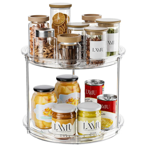 Two Tier Lazy Susan Turntable Organizer For Cabinet And Pantry Space Saver 9 Inch Rotating Spice Rack filled with jars and cans