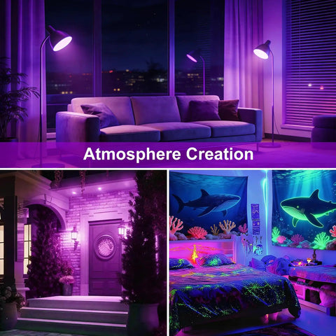 Room with 15W LED UV Black Light Bulb Energy Saver 395 400nm UV A Blacklight For Fluorescent Materials Glow In The Dark Night Life 100W Equivalent E26 Base 120V Two Pack
