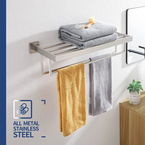 24 Inch Double Towel Rack And Shelves In Brushed Nickel Stainless Steel Wall Mount With Rustproof SUS304 Two Bars Bath Organizer Easy Install Fingerprint Proof Finish Built Tough For Real, towels displayed, bathroom wall