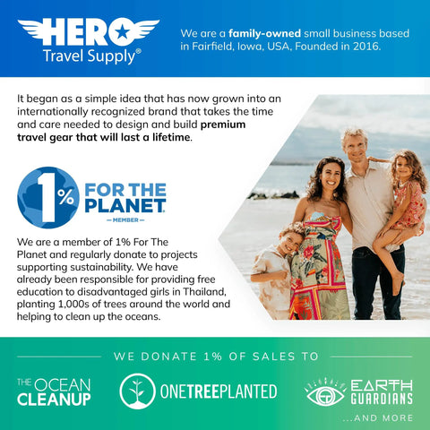 Hero Travel Supply infographic with family photo and environmental pledge details.