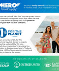 HERO Travel Supply family portrait with sustainability commitment and 1% For The Planet membership details.