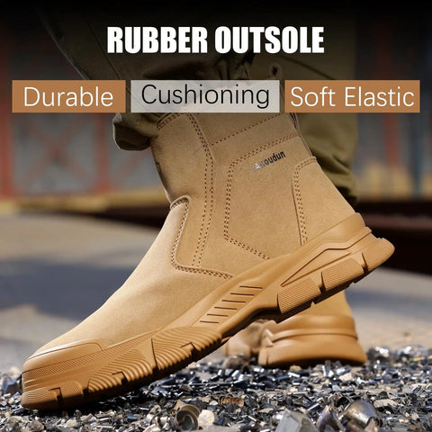 Side view of Heavy-Duty Steel Toe Welding Boots For Men With Zipper Laceless Welder Footwear Built For High Heat And Spark-Resistant Tough-As-Nails Work On Construction Sites Brown, showcasing rubber outsole and durability on rough terrain.