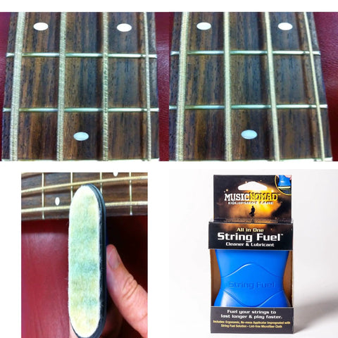 String Fuel Guitar String Cleaner And Lubricant With Microfiber Cloth For Electric, Acoustic, Bass And Banjo Use, Premium Oil Blend Keeps Strings Clean, Slick, And Long Lasting Tone For Everyday Playability. Blue String Fuel cleaner and microfiber cloth in package