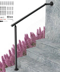 Pro Level Wrought Iron Hand Rails For Outdoor Steps 2 Or 3 Adjustable Indoor Outdoor Stair Railing Kit installed on stone steps with hardware.