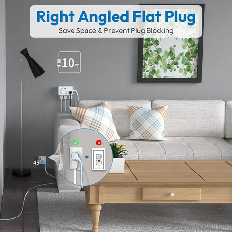 Flat Plug Power Strip With 10 Ft Cord, 6 Outlets And 4 USB Ports, Overload Protected Extension Cord shown in a living room setup