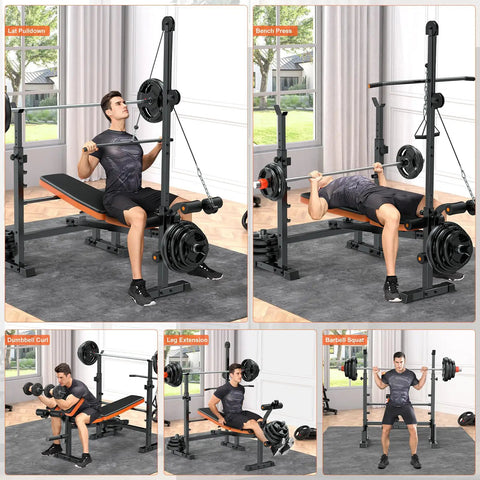 8 In 1 Weight Bench Set With Lat Pulldown And Leg Extension For Home Gym Full Body Strength Training Bench Press Rack