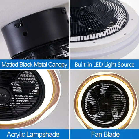 Four views of bladeless flush mount ceiling fan with lights and remote, 19 inch, showing black canopy and acrylic lampshade.