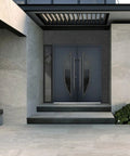Slick Prehung Steel Double Front Doors Featuring Tinted Black Glass Sidelite Modern Right Inswing Entry System at a stylish entrance.