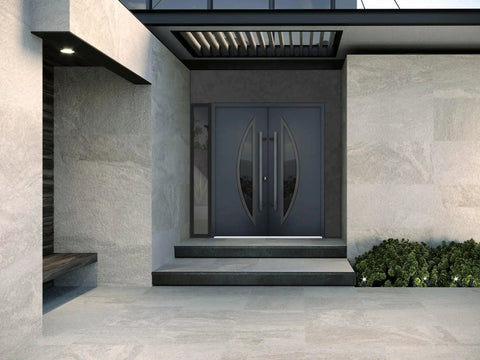 Slick Prehung Steel Double Front Doors Featuring Tinted Black Glass Sidelite Modern Right Inswing Entry System at a stylish entrance.