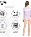 Woman wearing Womens UPF 50 Long Sleeve Rash Guard Swim Tee For Surf And Beach Peaceful Lilac Swimsuit Top with icons showing fabric features