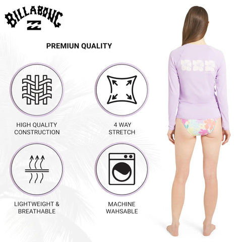 Woman wearing Womens UPF 50 Long Sleeve Rash Guard Swim Tee For Surf And Beach Peaceful Lilac Swimsuit Top with icons showing fabric features