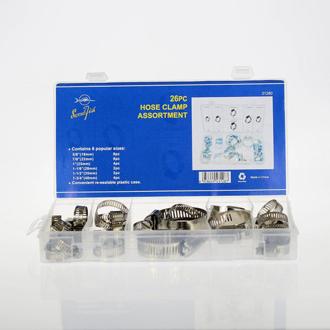 Stainless Steel Hose Clamp Assortment Kit With 26 Pieces And Storage Case Worm Gear Design For Securing Hoses On Pipes Or Automotive Uses
