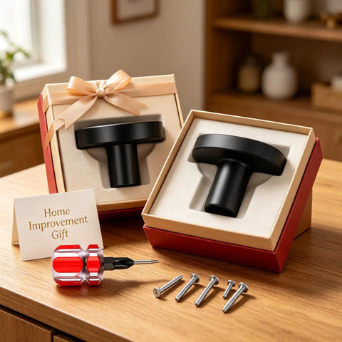 Knockout Matte Black Bifold Closet Door Knobs featuring round cabinet pulls in gift box with screws and screwdriver.