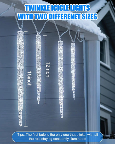 Outdoor Icicle Lights With Clips 20 Ft 100 LED Twinkling White Christmas String Lights, 20 Tubes, hanging on snowy eaves