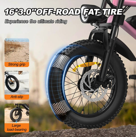 Close-up of 16-inch fat tire with strong grip and anti-slip features on electric mountain bike with front fork suspension, black pink