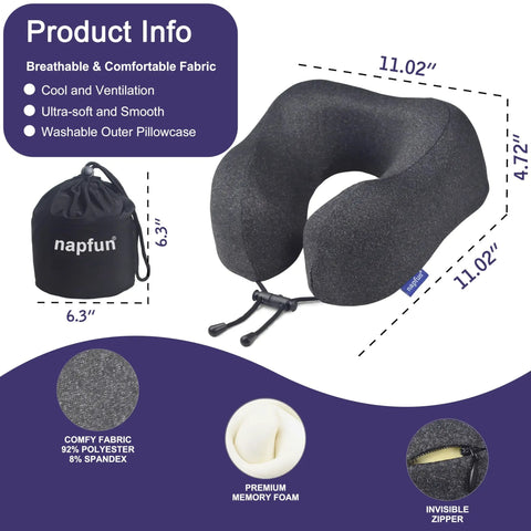 Travel Neck Pillow With Chin Support For Airplane Flights Memory Foam Headrest Sleep Upgraded Comfort Portable Black