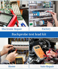 Image displays uses of a 27 Piece Multimeter Test Leads Probes Kit With Big And Small Alligator Clips, Banana Plug Leads, Hook Probes for repair.