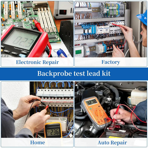 Image displays uses of a 27 Piece Multimeter Test Leads Probes Kit With Big And Small Alligator Clips, Banana Plug Leads, Hook Probes for repair.