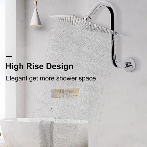 Chrome shower with S Shaped Shower Arm Riser Extender With Flange For One Half Inch Connection Ten Inch Durable Stainless Steel Design