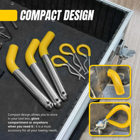 Set of Three Pack Trailer Hitch Pins And Clips With Rubber Coated Yellow Grips Five Eighths Inch Pin Diameter Fits Two Inch Receiver