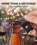 Opening bottle with Dope Built Tough Heavy Duty Keychain Bottle Opener With Carabiner Clip And Key Ring, Durable Zinc Alloy And Nylon Belt.