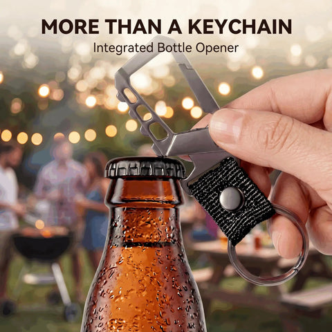 Opening bottle with Dope Built Tough Heavy Duty Keychain Bottle Opener With Carabiner Clip And Key Ring, Durable Zinc Alloy And Nylon Belt.