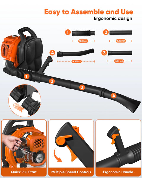 Diagram of Powerful 52cc Gas Backpack Leaf Blower With 564 CFM 216 MPH, showing assembly, controls, and ergonomic design features.