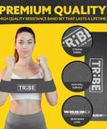 Thick Fabric Resistance Bands Set Of 5 For Legs And Glutes That Stay Put During Squats And Lunges, shown on woman's arms