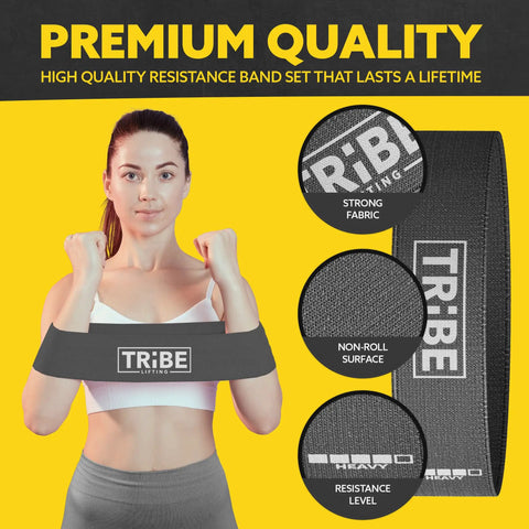 Thick Fabric Resistance Bands Set Of 5 For Legs And Glutes That Stay Put During Squats And Lunges, shown on woman's arms