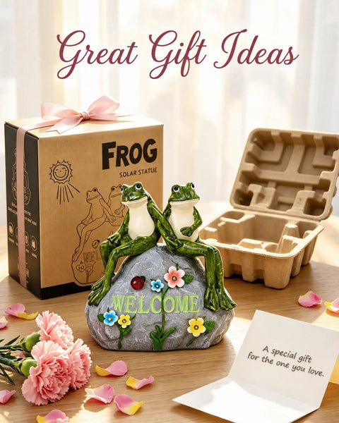 Solar Frog Garden Statue With Realistic Succulent And 7 LED Lights, Outdoor Lawn Decor next to gift box and flowers