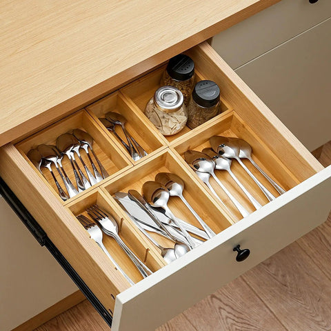 Bamboo Drawer Organizer Set Of 9 For Kitchen And Office in drawer, organizing cutlery, sustainable bamboo, different size compartments.