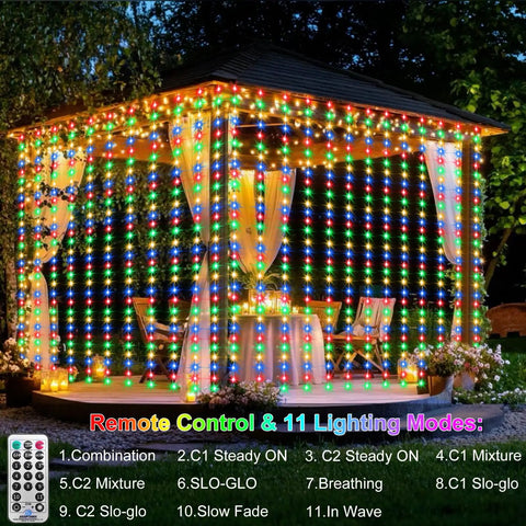 Two Color Changing Curtain Lights 600 LED 20ft By 10ft Waterproof Connectable With Timer Remote illuminating a gazebo