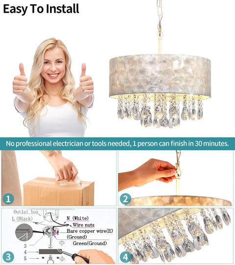 Showstopping Four Lights Drum Crystal Shade Black Chandelier with easy installation instructions and adjustable chain