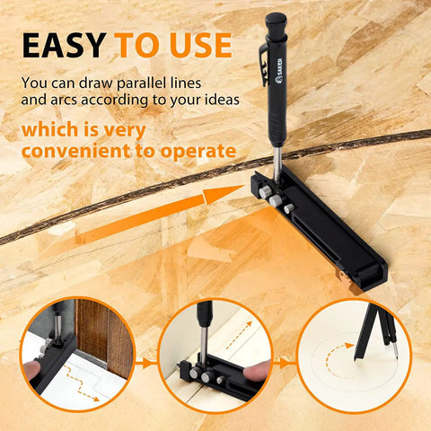 Multi-Function Scribing Tool For Woodworking And DIY Projects, Aluminum Alloy Construction Pencil Scriber in action on wood.
