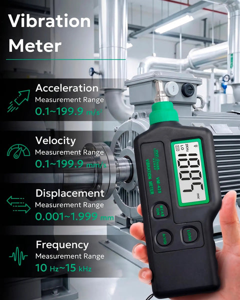 VM-420 Handheld Industrial Vibration Meter For Motors Pumps And Fans With Real Vibe Readouts shown in industrial setting