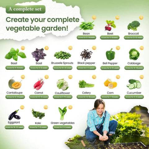 Survival Vegetable Seeds Vault Kit With 36 Heirloom Varieties And Over 17,600 Non GMO Seeds For Indoor Outdoor And Hydroponic Gardening Perfect For Home Garden Prep And Emergency Seed Stash poster with woman gardening