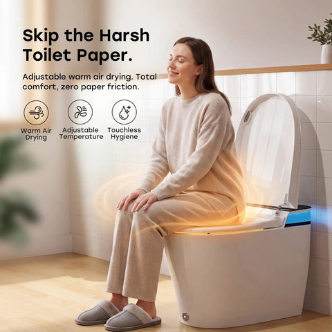 Woman using a sleek sensor activated smart toilet with built in bidet pump and self cleaning deodorizer featuring heated seat.