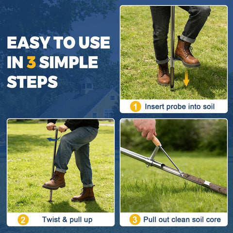 Steps to use 36 Inch Stainless Steel Soil Sampler Probe With T Handle for precise core sampling in lawn, garden, farm settings.
