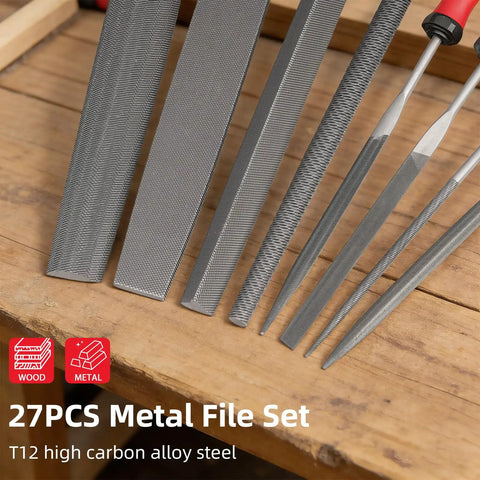 27 Piece Metal File Set With Flat Half Round Round And Triangle Files 12 Needle Files 10 Sandpapers And A Wire Brush for metalworking