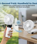 Handheld USB Rechargeable Fan With 3000mAh Battery Portable Mini Personal Fan 180 Degree Foldable in hand and on desk