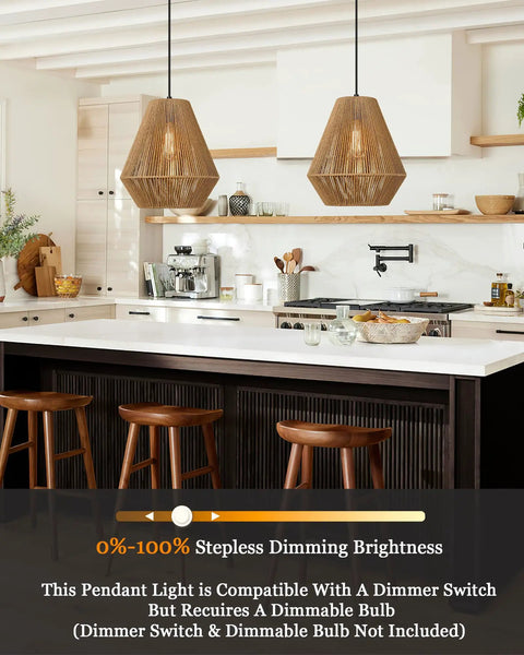 12 Inch Handwoven Rattan Pendant Light with Rustic Boho Vibe above kitchen island, showing adjustable basket shade.