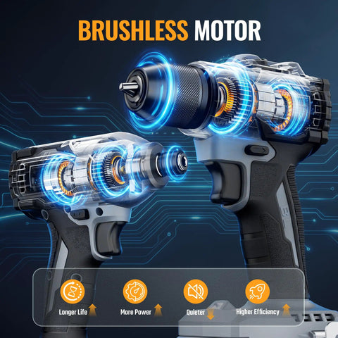 Pro Grade Two Speed Cordless Drill And Impact Driver Combo Kit With Two Long Lasting Lithium Ion Batteries showing brushless motors for enhanced performance.