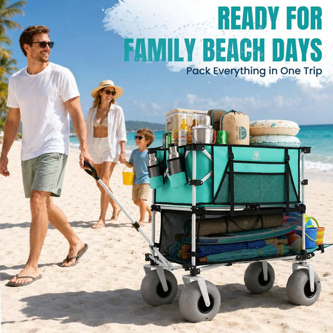 Family using Heavy Duty 500 Lb Double Decker Wagon Cart with 9 Inch Balloon Wheels for Sand on beach, filled with gear.